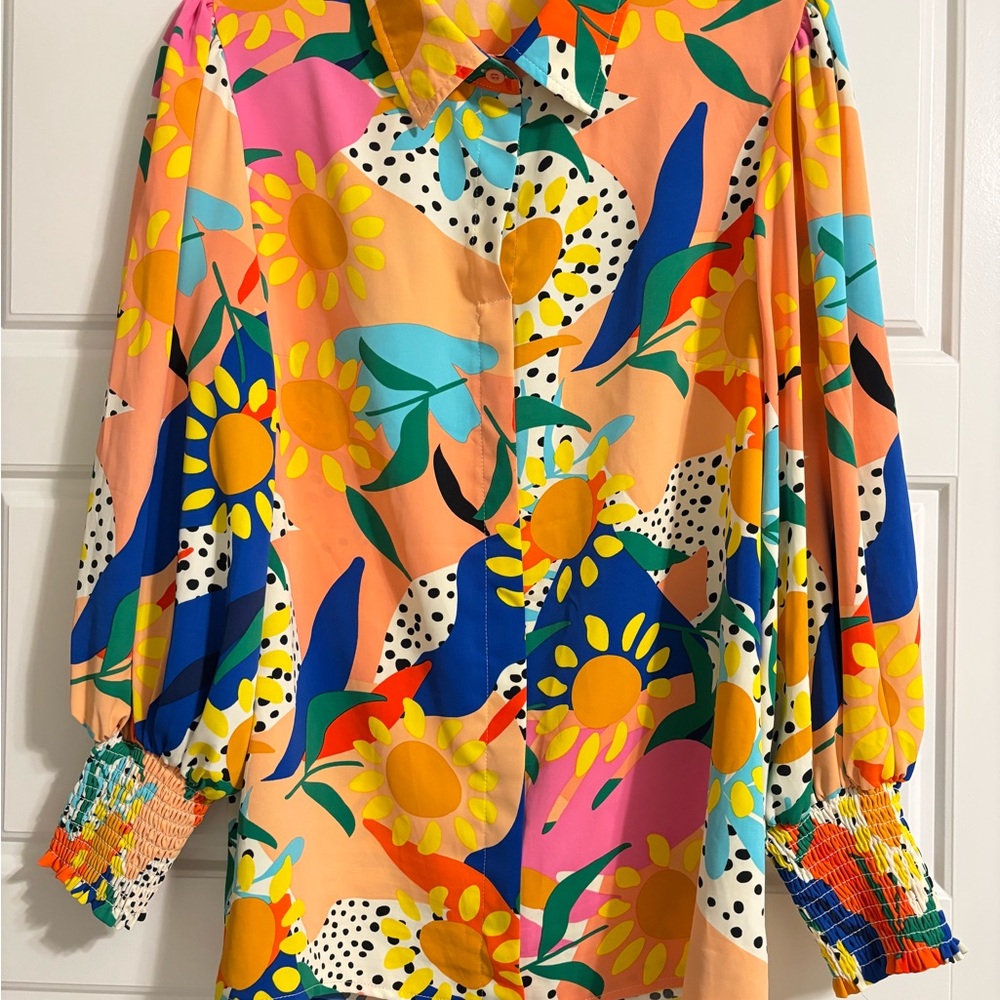Women’s Boho Abstract Button Down Blouse with puff sleeves and smocked cuffs - Picture 2 of 7